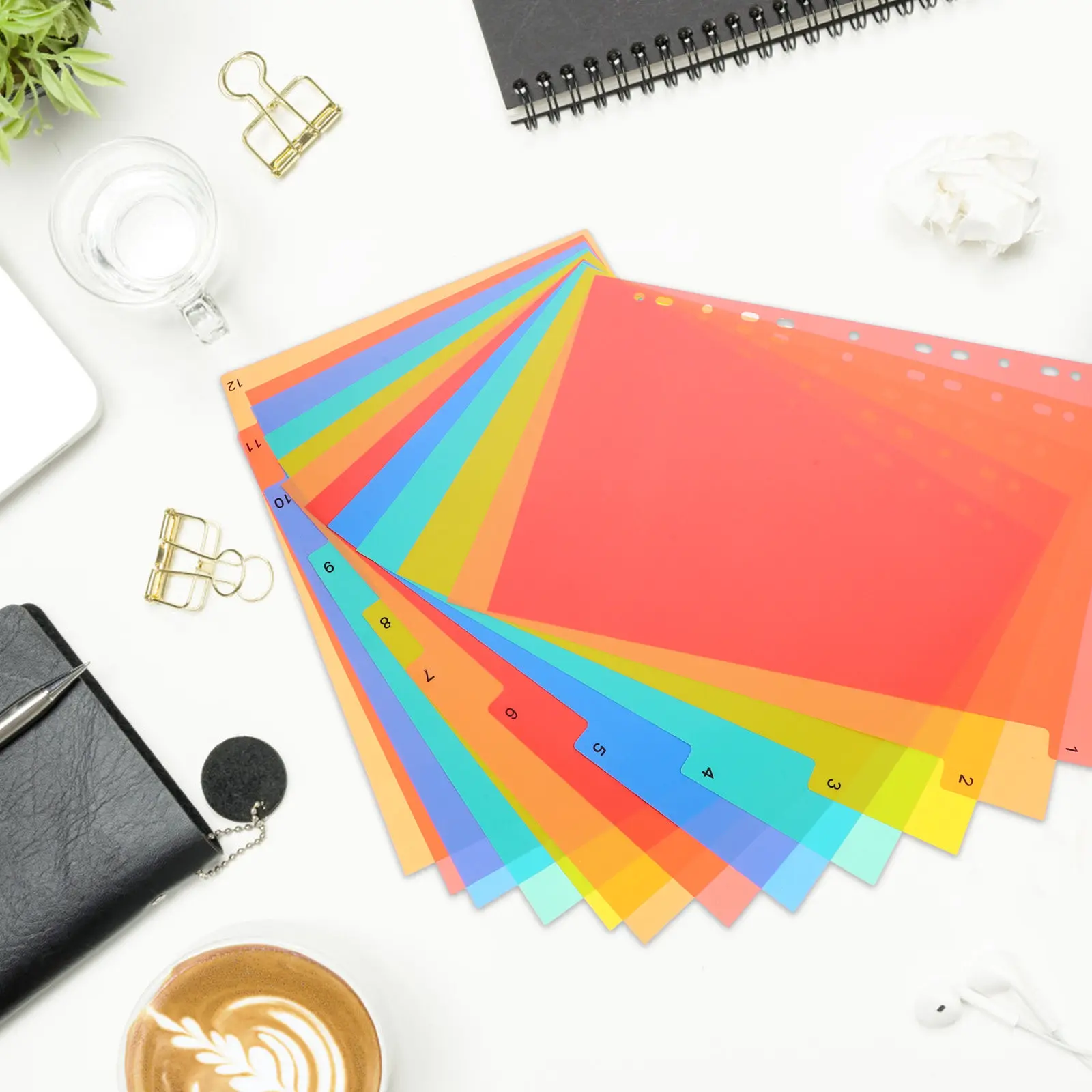 

12 Pack Index Page Dividers A4 11 Hole Punch Notebook Classification Tabs Colored Markers Plastic Binder Accessories