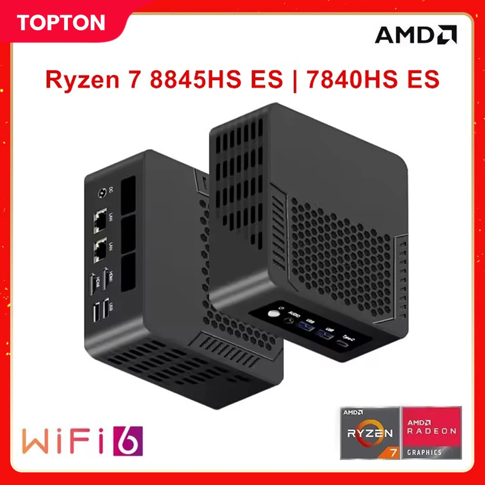 Topton Mini PC AMD Ryzen 7 8845HS ES Barebone Computer Windows 11 2xDDR5 PCIe4.0 2*HDMI2.0 USB4.0 Gaming PC Triple Display WiFi6