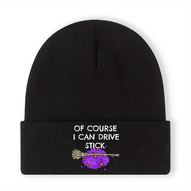 1pc of Course I Can Drive Stick Funny Witch Broomstick Halloween Clothing 10, 000 Halloween Patterns, Printed Black Knit Hat,