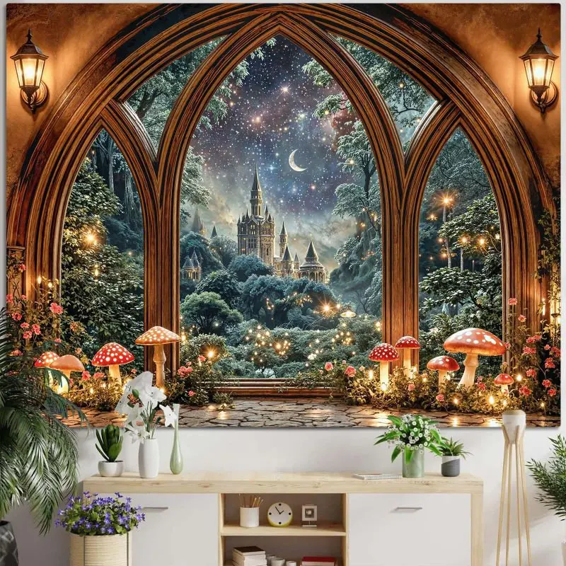 VIKAMA Winter Window View Tapestry Wall Hanging Snowy Castle Giant Mushroom Aurora Aesthetic Wall Art Bedroom Dorm Decor