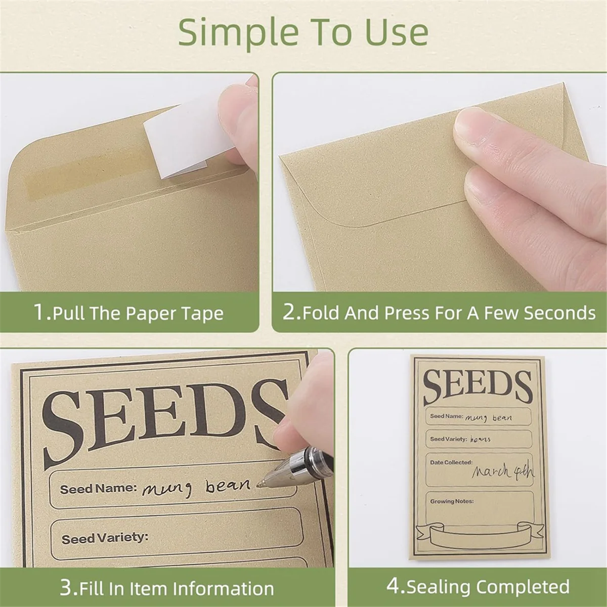 A013 100 Stück Umschläge für Samenpakete: Selbstdichtende kleine Samenumschläge aus Kraftpapier zur Samenaufbewahrung, wiederverschließbare Samensparumschläge