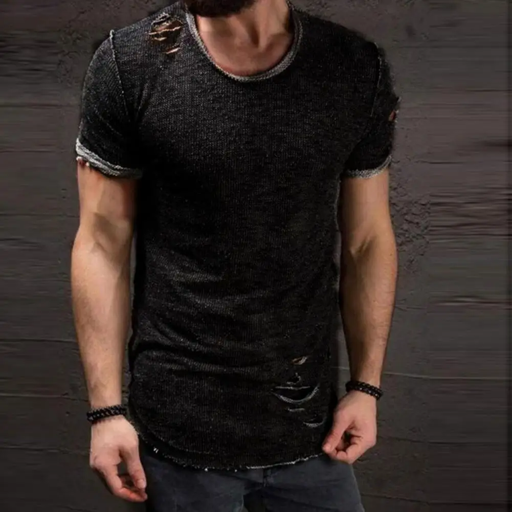 Cotton Blend Stylish Hole Design Top Pullover Cloth Men Shirt Solid Color Casual Short Sleeve T-Shirt Men Clothes for Running