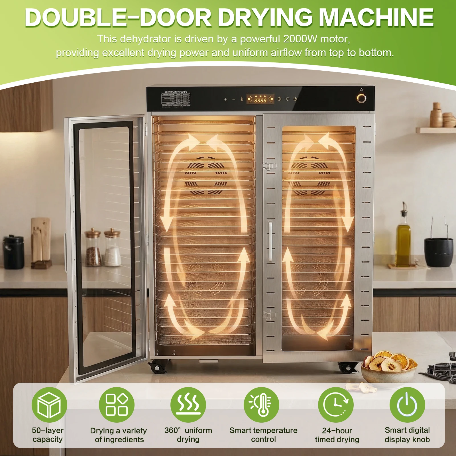 

50 Tray Double Door Large Capacity Food Dryer 110V US Plug with Temperature Control 2000W for Meat Fruit & Pet Treats