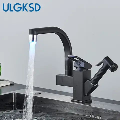 블랙 LED 주방 수도꼭지, 더블 믹서 탭 풀 싱글 핸들 크레인, 온수 및 냉수 믹서 탭, 360 ° 회전 주방 싱크 수도꼭지