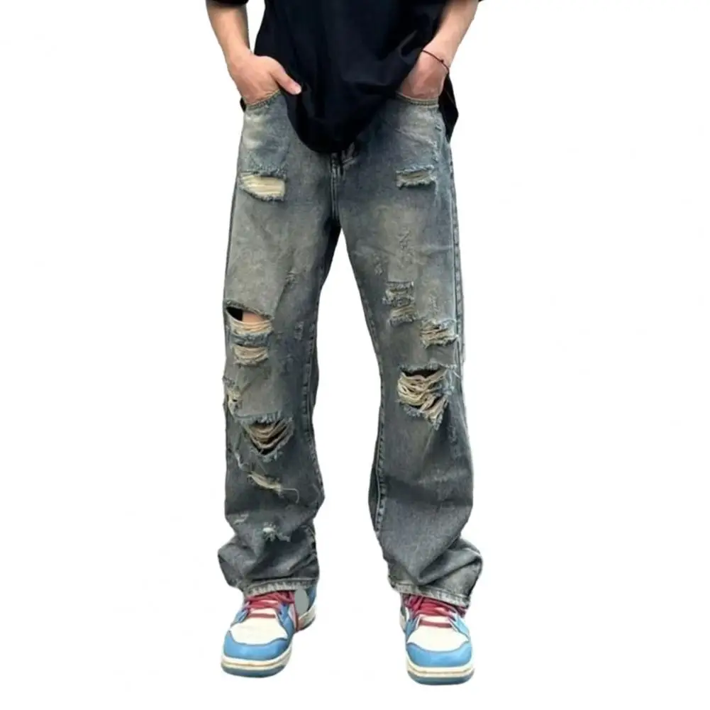 

Distressed Washed Jeans Distressed Wide Leg Men's Jeans with Ripped Holes Multiple Pockets Streetwear Hip Hop Style for Casual