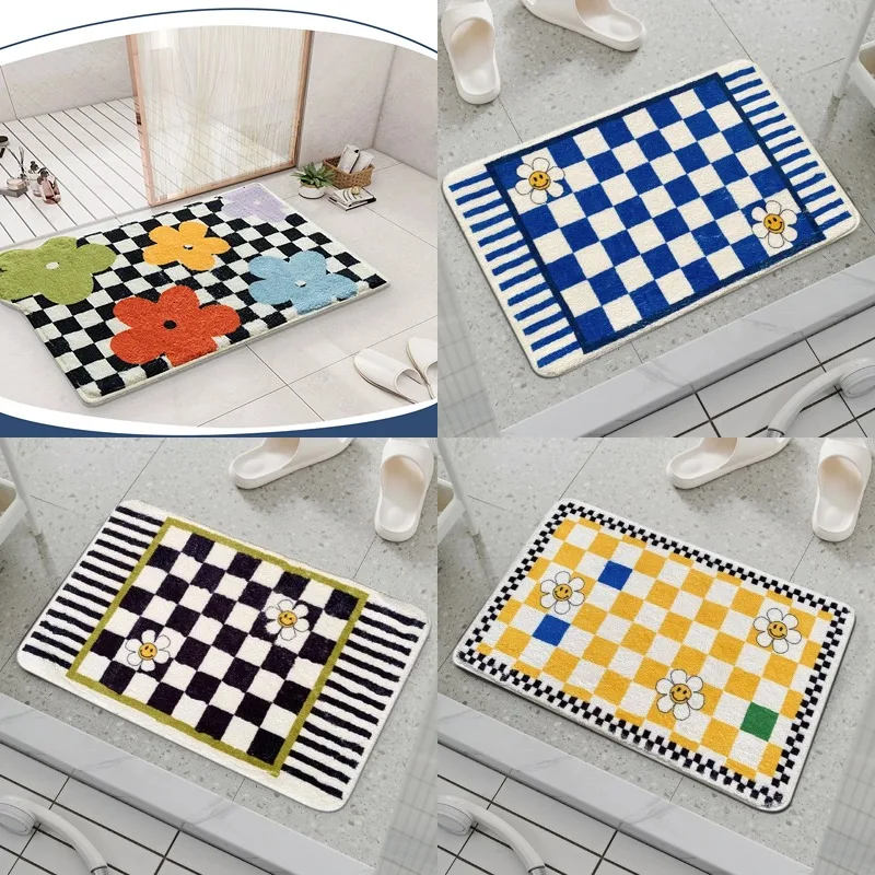 1pc Plaid Bath Rug Soft Plush Shower Room Mat Bathtub Floor Mat Floral Print Entrance Bathroom Absorb Mat Cute Pet Rug for Home