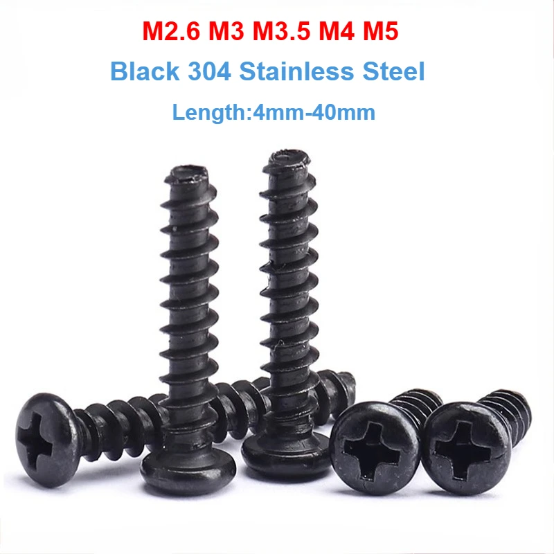 M2.6-M5 Black 304 Stainless Steel Mini Phillips Cross Phillips Round Head Flat End Self Tapping Screw Length 4mm-40mm