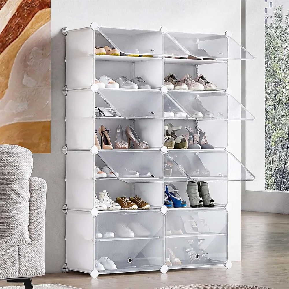 Shoe Rack, 8 Cube 16-Tier Storage Cabinet 32 Psairs Plastic Freestanding Shoe Organizer DIY Shelve