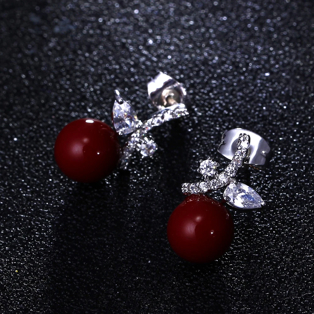 

Pretty Leaf Earrings Brass Metal Pave Cubic zircon 10mm Red Pearl Rhodium Plating Trendy Daily Wear Jewelry