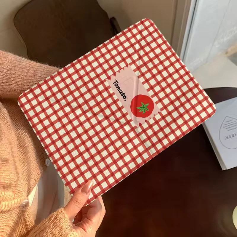 Cute Tomatoes Plaid For iPad Case iPad Air 4 5 6 Pro 11 12.9in 13 M4 10.9 10.2 Mini 7 6 10th Y Folded Edge Case with Pen Holder
