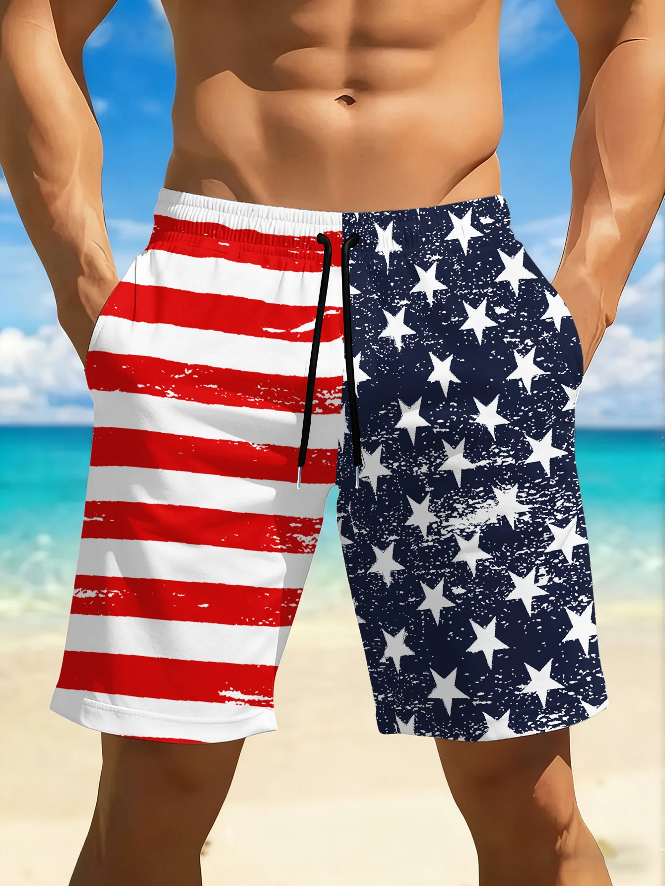 USA Flag Men Swim Trunks Featuring A Vibrant Red and Black Geometric Print Design. Casual Style Suitable for Beach, Pool