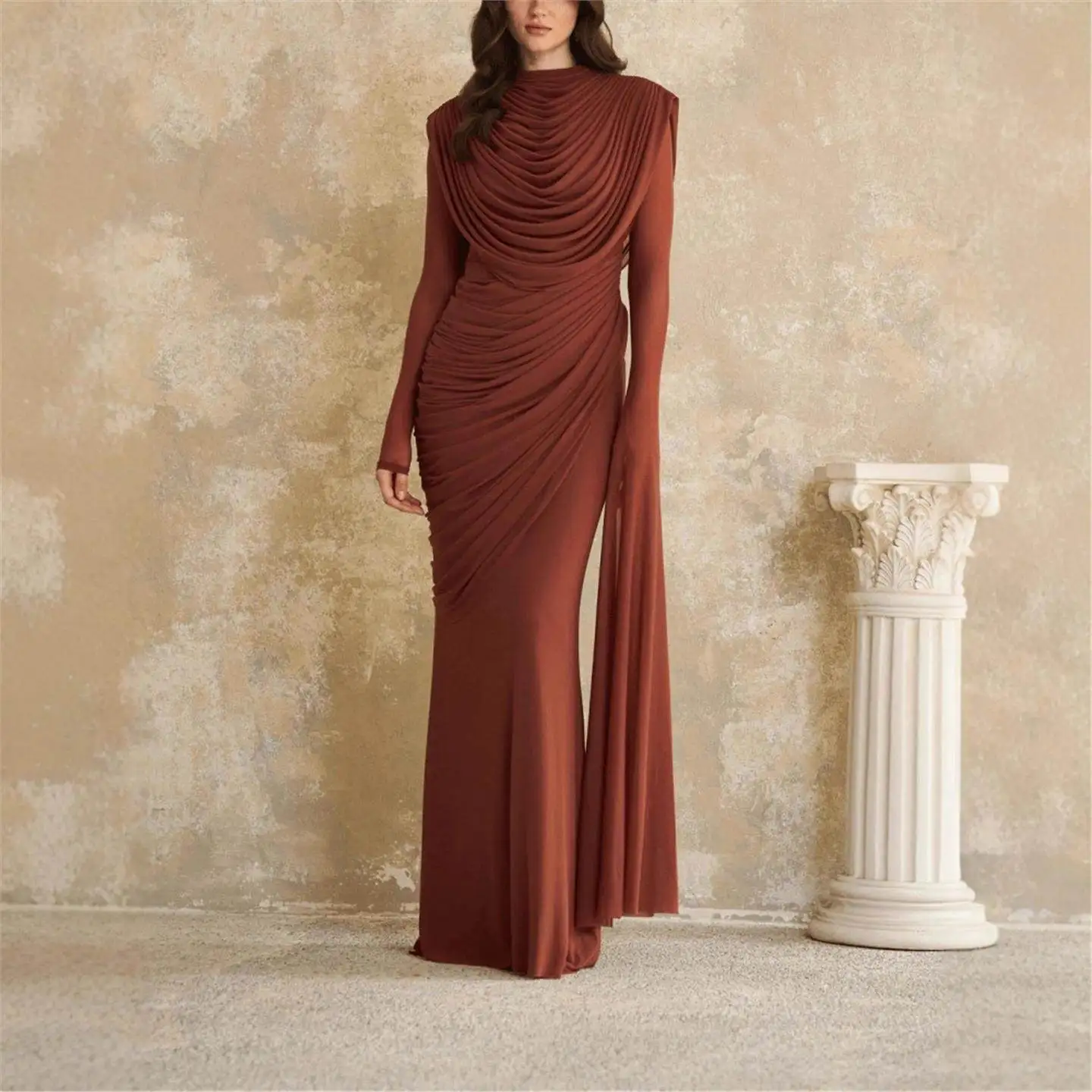 

Элегантное однотонное плиссированное приталенное платье для женщин с завышенной талией и длинными рукавами, модель H-Sle, для повседневной носки