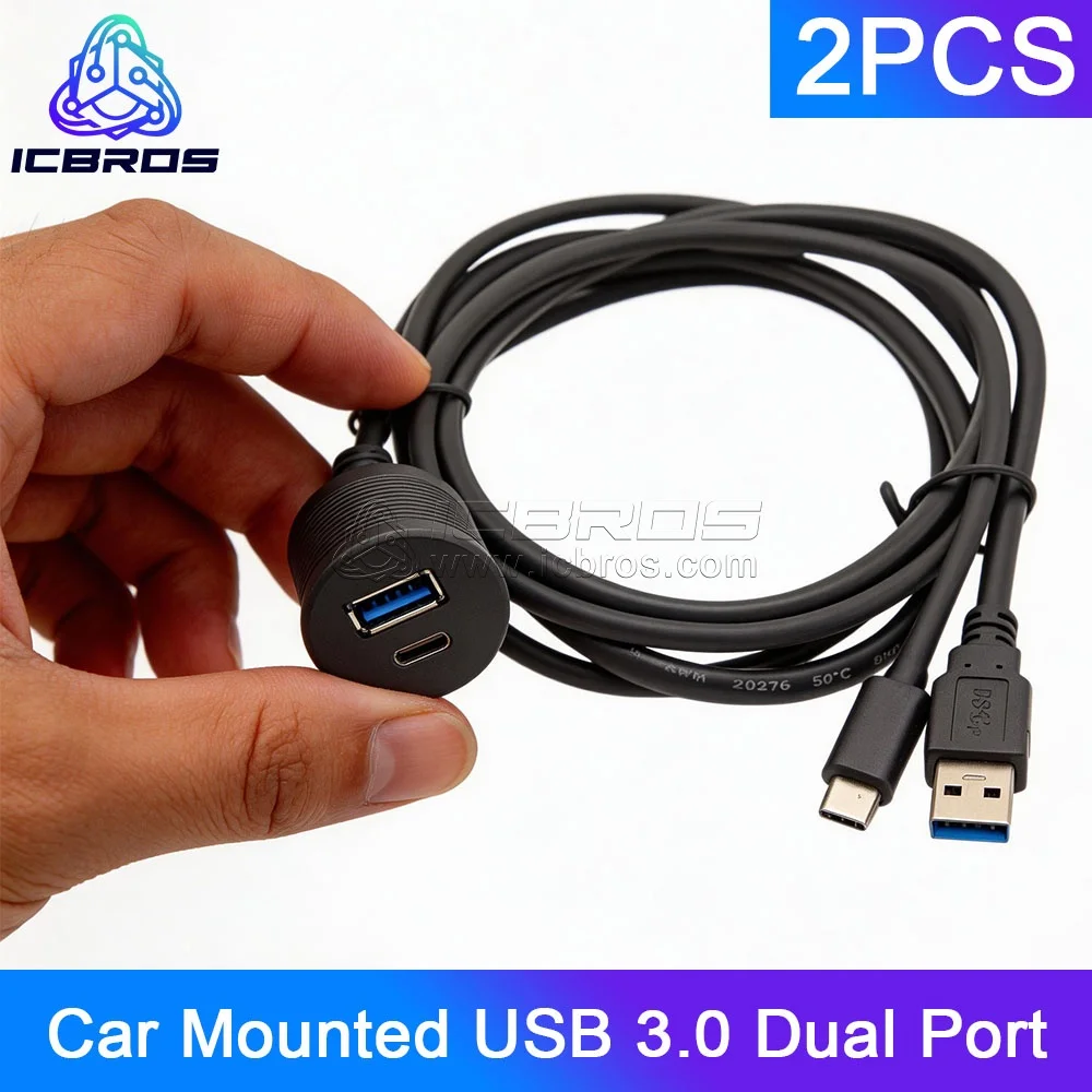 

2pcs Car Mounted USB 3.0 Dual Port Waterproof Type-C 3.1 3.0 Male to Female Extension Cable Flush Mount Panel Shielded For Boat