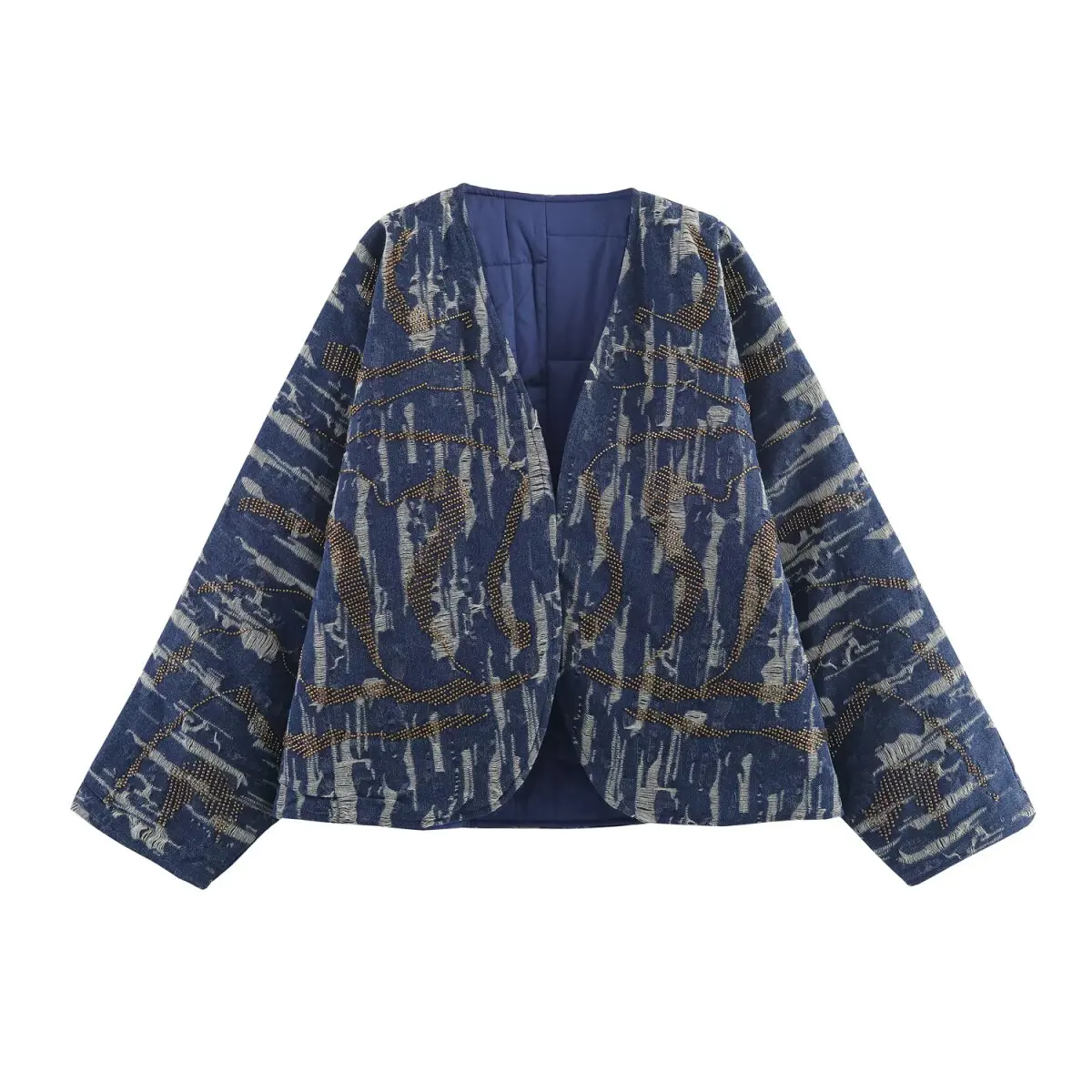 

Cross-border Europe and America 2025 new fashion style women's beaded denim effect cotton kimono-style outerwear