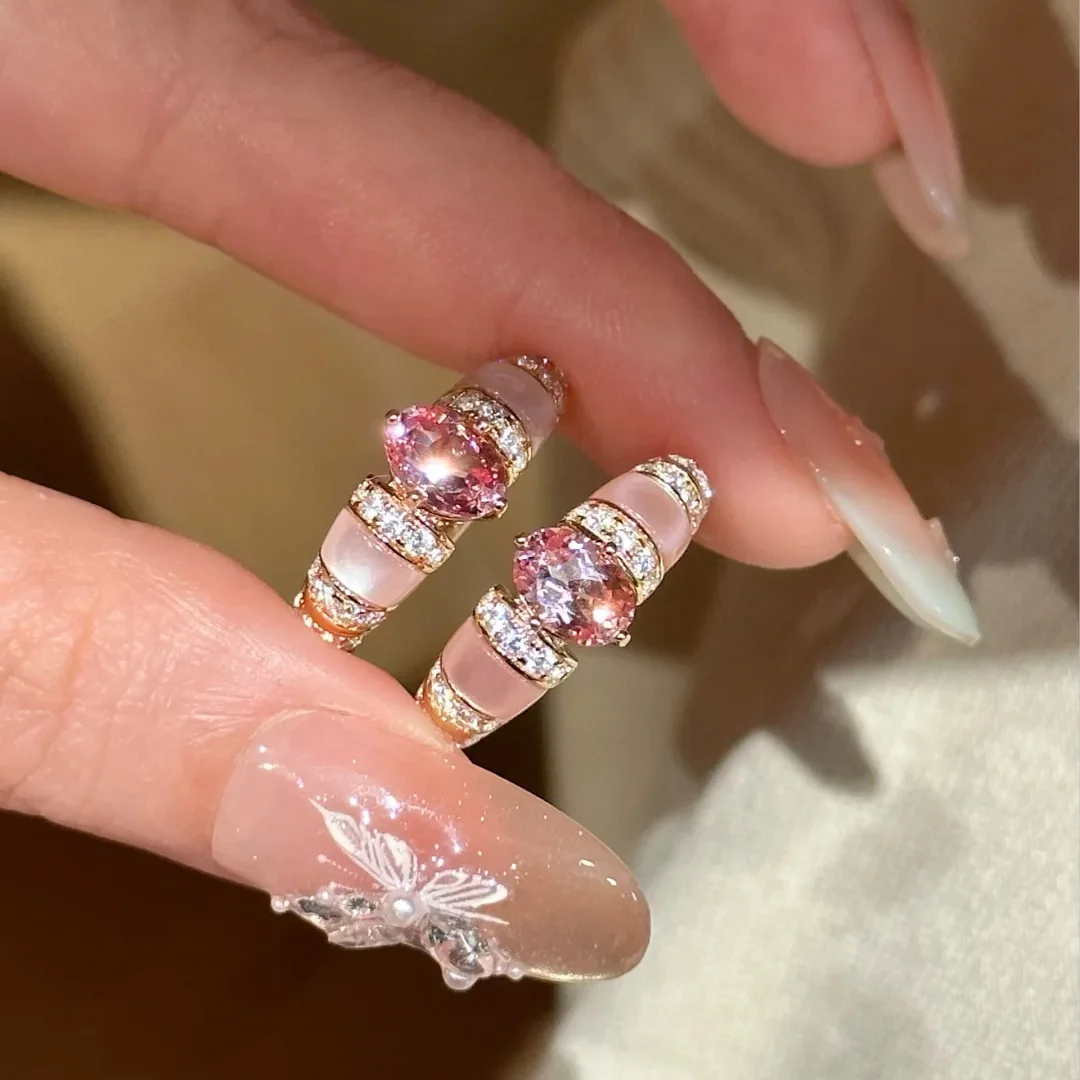 Natural Pink Mother of Pearl Ring, Pigeon Egg Ruby Aquamarine Diamond Ring for Women