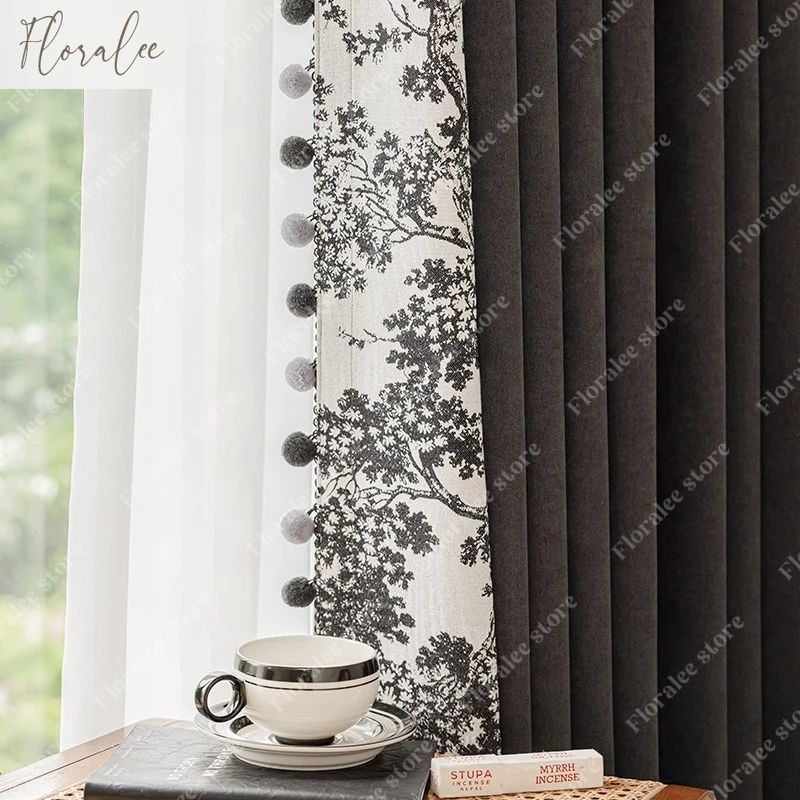 

Floralee Store French Curtains for Living Room Wool Ball Lace Decoration Room Blackout Curtains Floor-to-ceiling Windows Custom