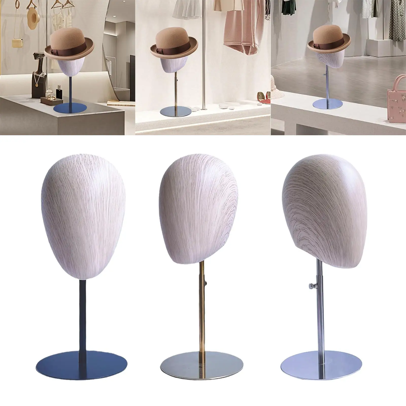 Wig Holder Mannequin Head Model Adjustable Height Imitation Wood Grain Stainless Steel Base for Shopping Mall Barbershop Home