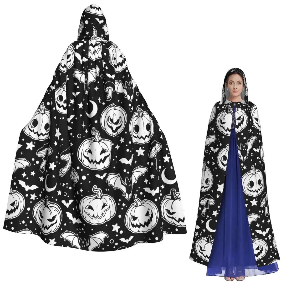 Halloween Moon Pumpkin Mushroom Star Gothic Bats Long Hooded Cloak Witch Medieval Costume Cosplay Cape HalloweenCoat Unisex