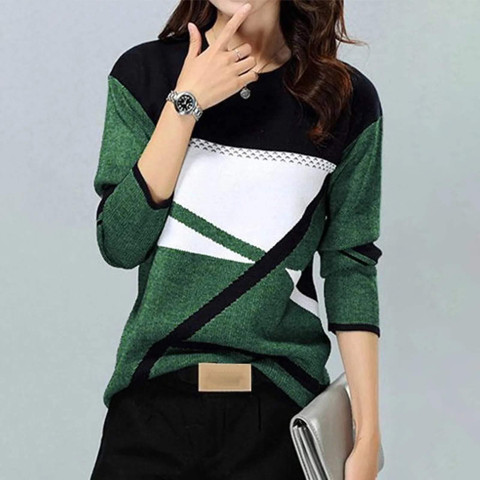 Autumn Winter Women Fashion Simple Casual Sweaters Loose O-Neck Stripe Printed Long Sleeve Green Pullover Knitwear Hoodies