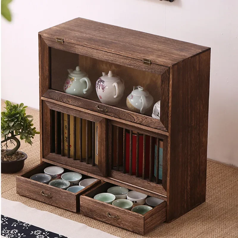 Antique Chinese Tea Cup Display Cabinet Multi-Functional Dustproof Storage Rack for Teapots