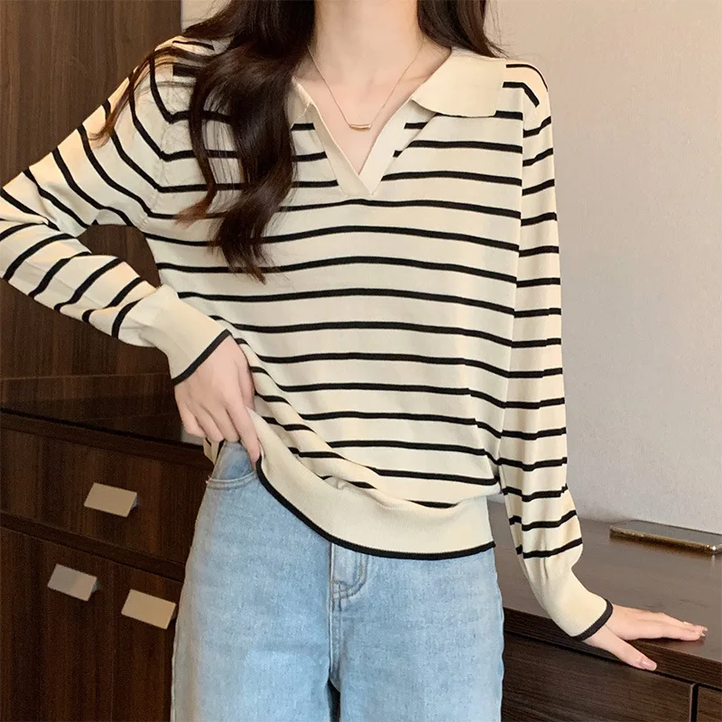 Fashion Striped T-shirt Casual Pullover Knitwear Women Spring and Autumn Underwear Korea Style Popular Premium Sweater Female