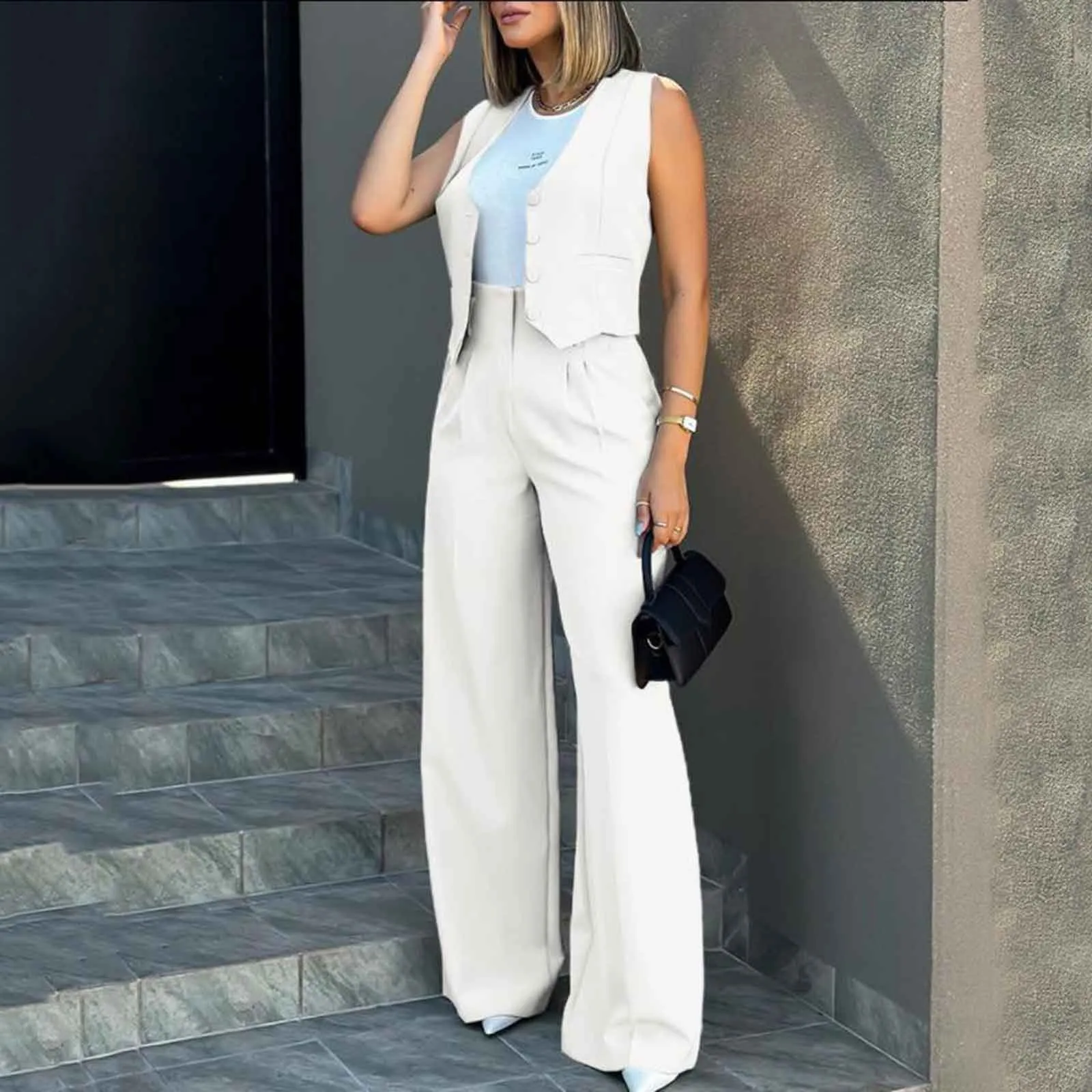 Women Suit Women Vest Elegant Lady Baggy Pants Set with Sleeveless Vest Women\'s High Waist Wide Leg Pants in for Fashionable