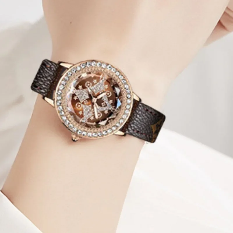 Reloj de cuarzo con diamantes de lujo para mujer, accesorio de pulsera resistente al agua con bandas de cuero genuino, 3 bares, estrella de la suerte