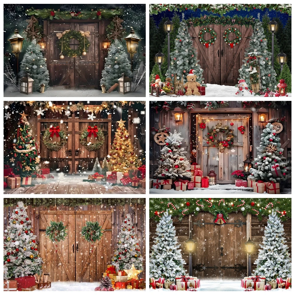 

Winter Christmas Backdrop Xmas Tree Window Wooden Door Gifts Snowflake Kids Portrait Family Party Photography Background Decor