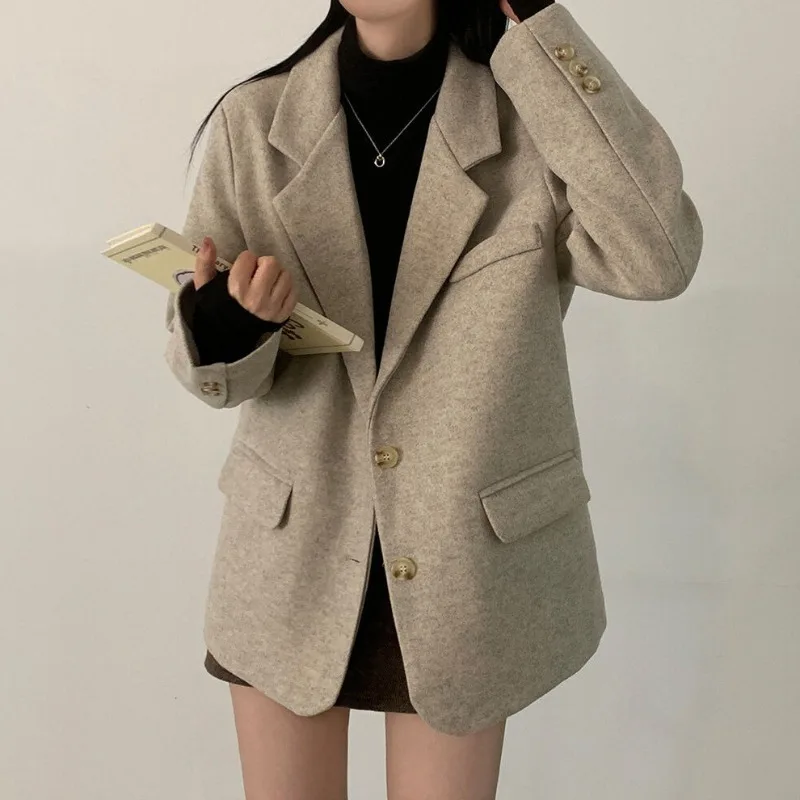 

Winter new style Retro British style Atmosphere Mid-length Loose fit Woolen suit Coat Women's versatile piece blazer women