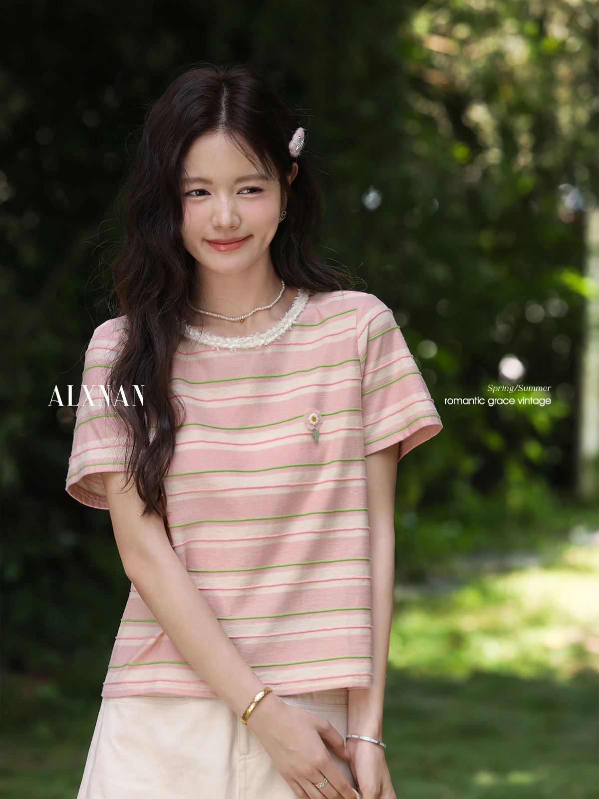 ALXNAN Blue Striped T-shirt Cotton Elegant Loose-fit Casual T-shirts 2026 Summer Office Lady Short Sleeve Tops Female L557121