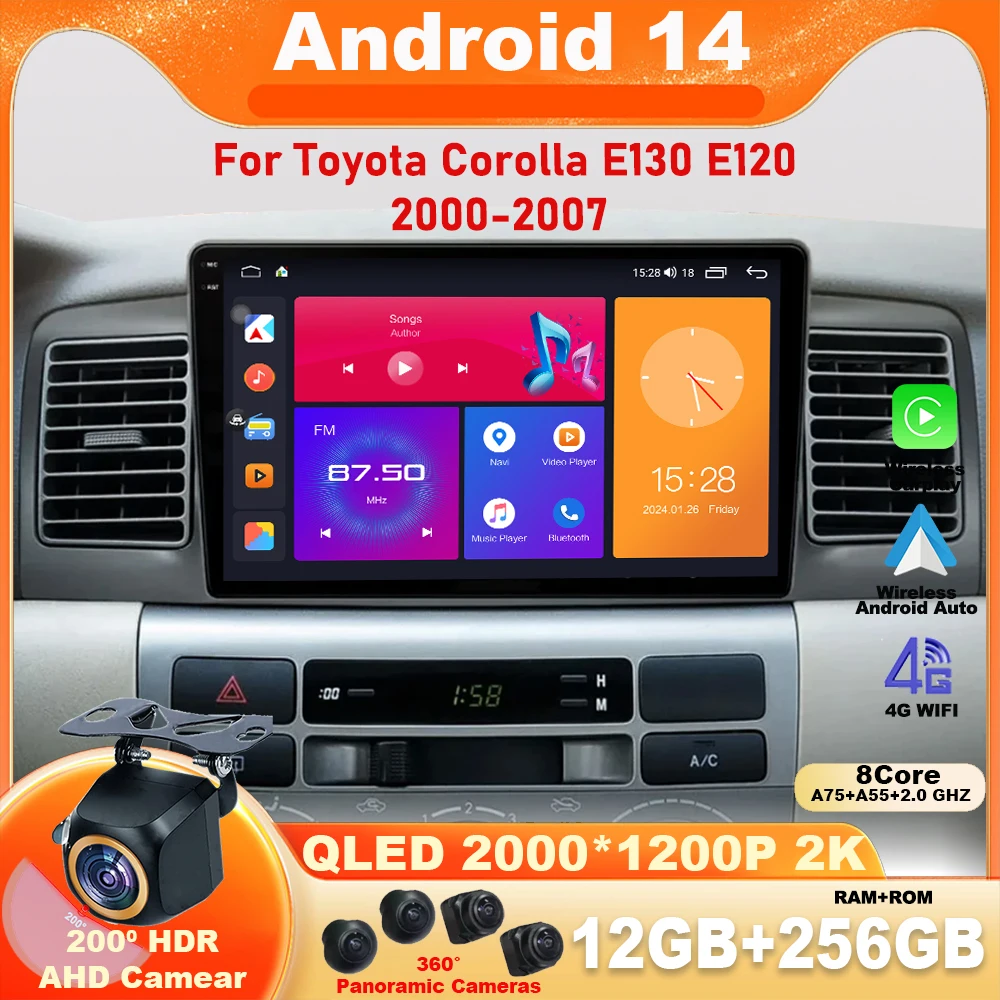 

Android 14 Car Radio For Toyota Corolla E130 E120 2000-2007 Multimedia Video Player Navigation GPS stereo Head Unit Carplay 4G