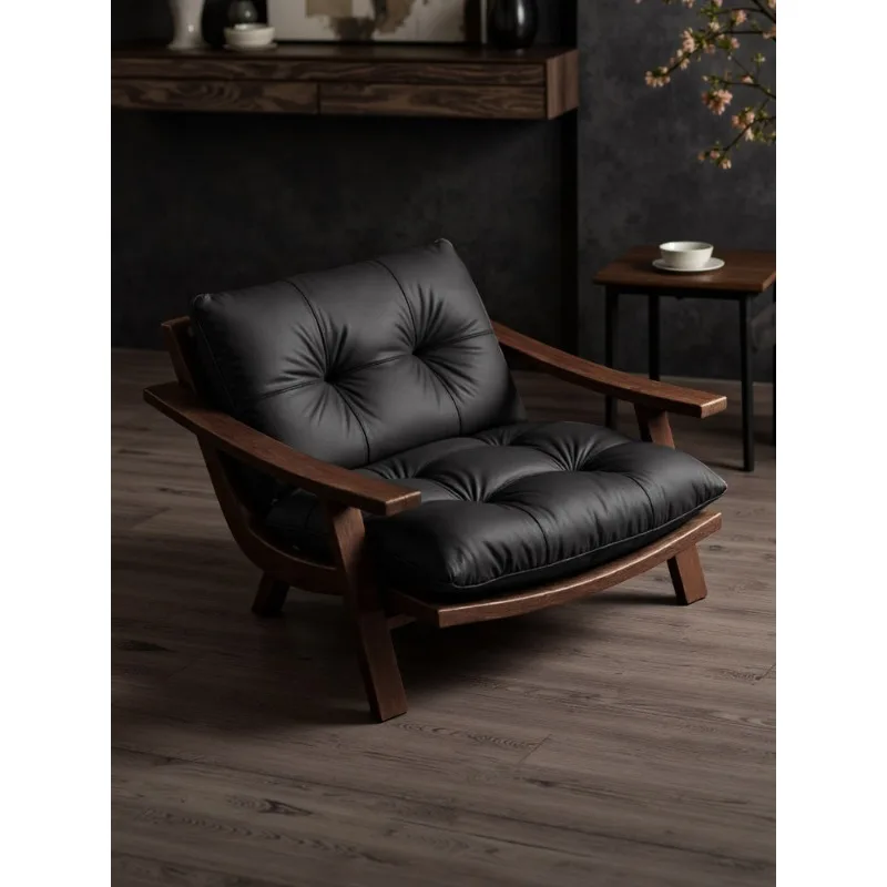 

Medieval solid wood leisure chair retro leather single sofa chair designer tea chair rest armrest back recliner