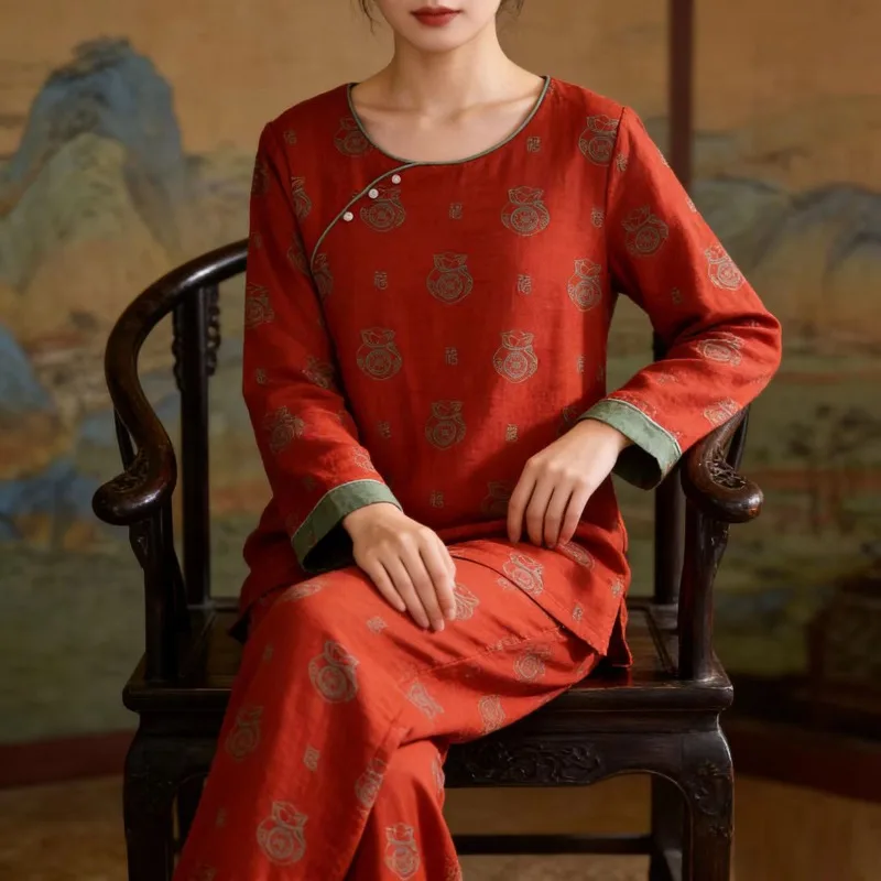 

Women Pure Cotton Pajama Set Soft Breathable Chinese New Year Lucky Fortune Print Red Green Piped Mock Wrap Loose Loungewear