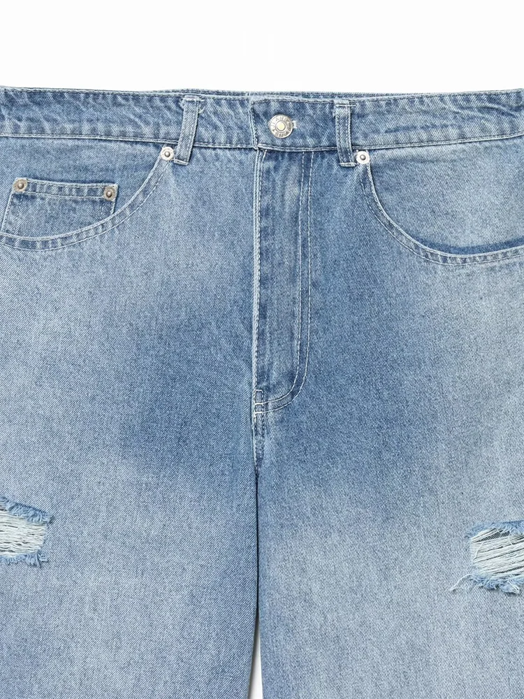 European style new women's fashion versatile and elegant loose fit washed distressed wide-leg denim jeans