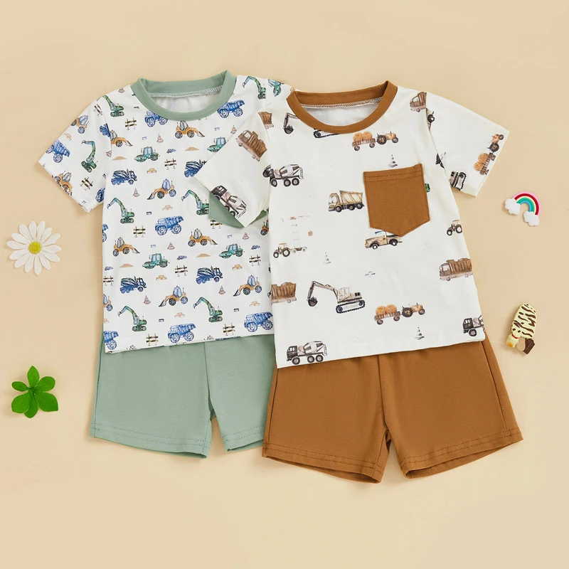 

Toddler Baby Boys Summer Casual Clothes Sets Short Sleeve Truck Print T-Shirt Tops Solid Color Shorts Sets Outfits