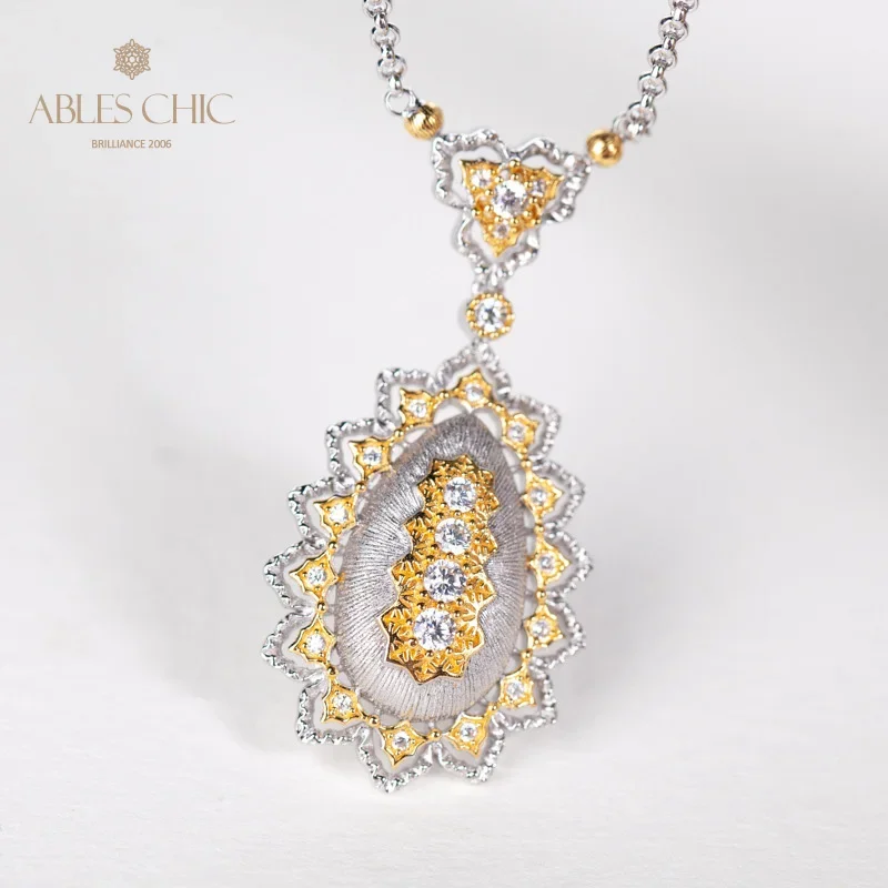 

Ables Chic Renaissance Silky Fabric 925 Silver Filigree Teardrop Pendant 18K Gold Tone Tradition Necklace Vintage C11N3S25060