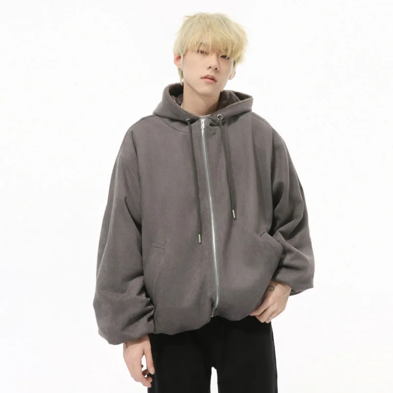 SYUHGFA High Street Men's Hooded Sweatshirts Drawstring Suede Thickening Zipper Casual Male Hoodie Sweatshirts 2024 Winter