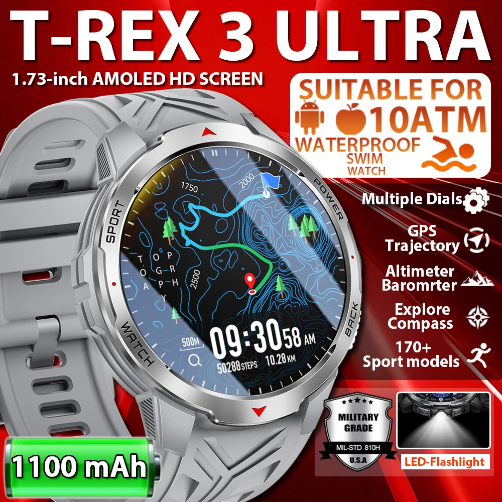 

1100 мАч супер емкость аккумулятор военные уличные умные часы мужские 1,7-дюймовый экран компас Bluetooth вызов 5ATM водонепроницаемые умные часы