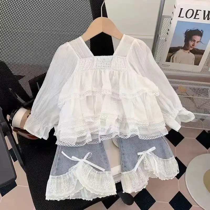 Girls Suit Spring and Autumn New Childrens Clothing Girls Baby Fashion Lovely Lace Top Jeans Two Sets Casual Simple