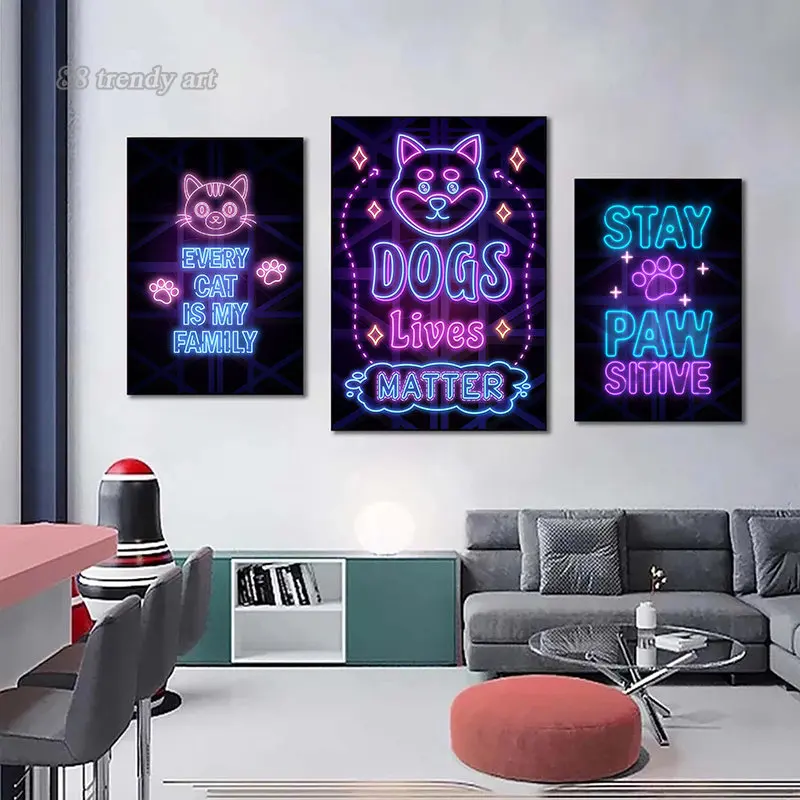 Dogs Cats Neon Art Canvas Print Posters Be Positive Neon Art Quote Canvas Painting Pictures NO LED Effect Wall Art Decoration