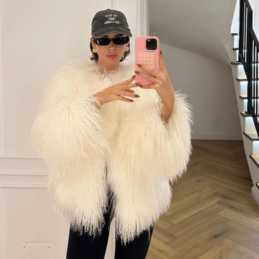 MENINA سترة فرو الأغنام المنغولية للنساء لخريف وشتاء 2025 ملابس علوية موضة سميكة ودافئة معطف فرو حقيقي بأكمام طويلة للسيدات