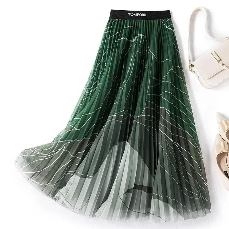 

Hong Kong Style Printed Gradient Mesh Half Length Skirt Women's Mid Length New High Waisted Covering Pleated Lady Long Skirt
