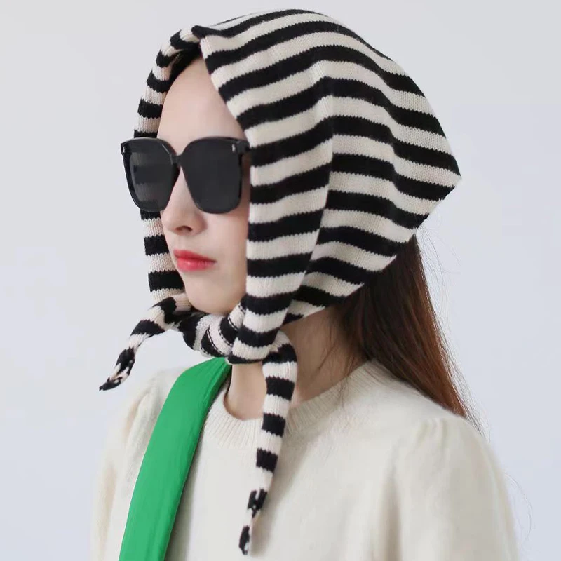 Autumn And Winter Warm Knitted Striped Headscarf Women's Neck Protection Triangle Scarf