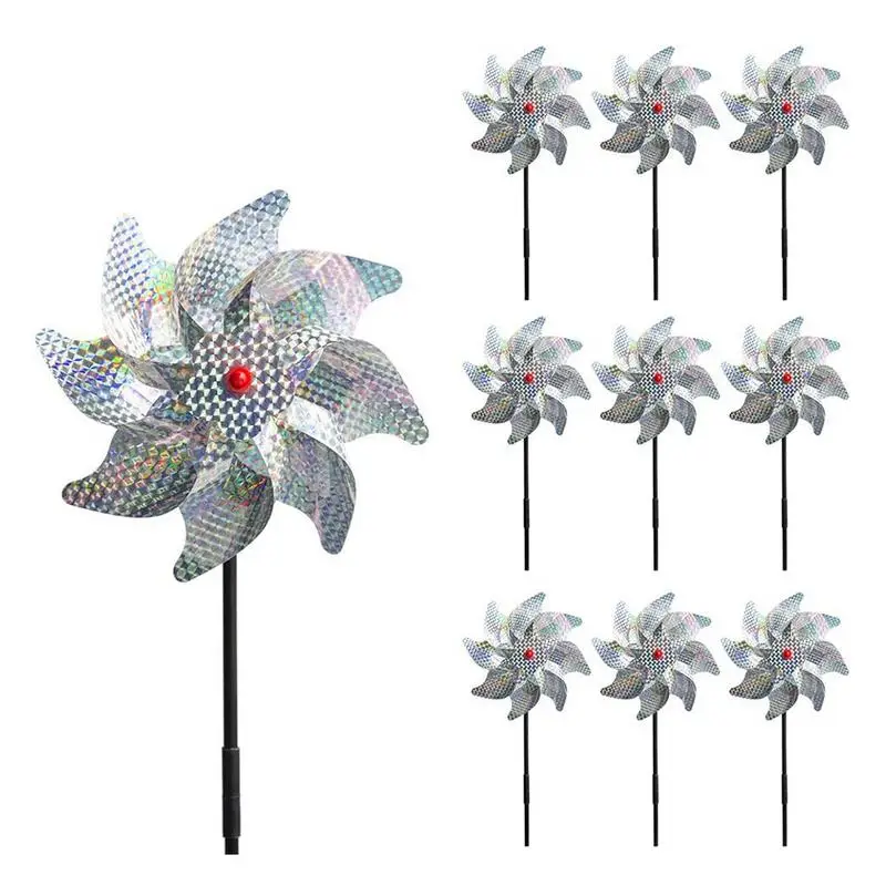 

New Laser Windmill 8 Leaves Bird Repeller Windmill Sparkly Silver Pinwheels Bird Deterrant For Garden Party Lawn Home Decor