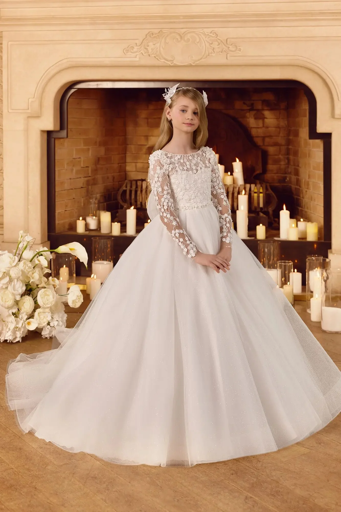 Vestido de niña de flores de color marfil personalizado para boda, cuello redondo, mangas completas, apliques hinchados, vestido de primera comunión para fiesta de cumpleaños de bebé