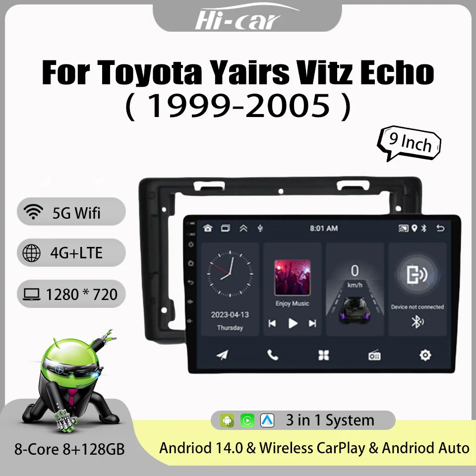 

9 Inch Android14 Car Radio for Toyota Yairs vitz echo 1999-2005 GPS Multimedia Stereo FM RDS Wireless CarPlay & Android Auto 4G