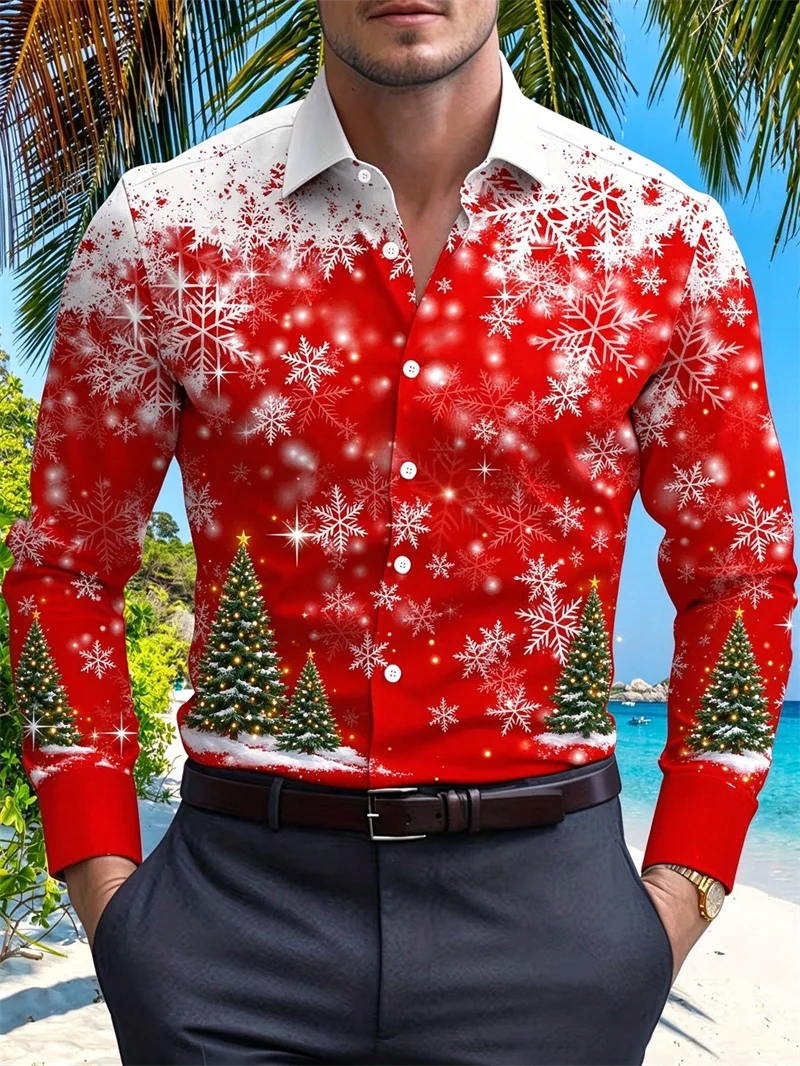 New men's shirt with red and white gradient snowflake deer silhouette, star sparkling print, slim fit shirt