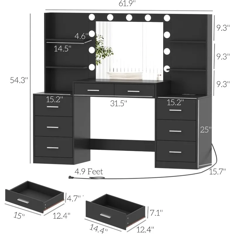 Irontar Makeup Vanity Table with Mirror & Lights, Vanity Desk with Power Strip, Large Drawer & Six Open Storage Dresser