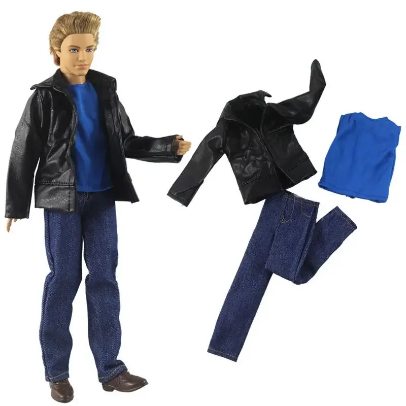 Handmade Men's Leather Coat Jeans Pants for Ken Boy Doll Clothes Set Jacket Trousers Outfits for Barbie Boyfriend Male Accessory