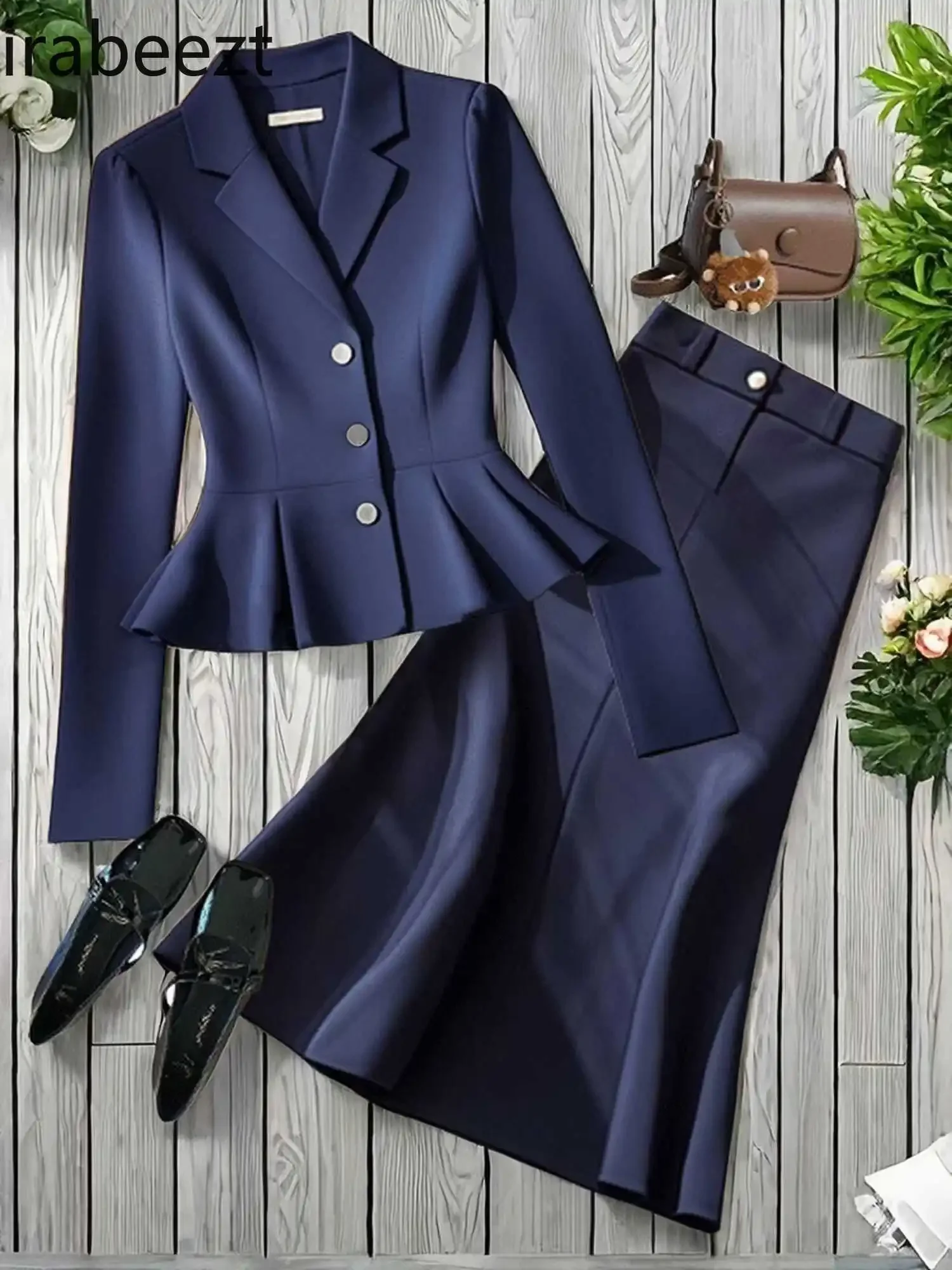 Navy Blue Suit Jacket Women Fashion Half Skirt Two-piece Set Autumn Women 2024 New Fashion Suit Costume Deux Pieces Femme